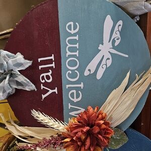 Handcrafted Welcome Sign with Dragonfly - Burgundy and Teal